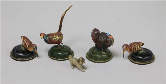 Four menu holders and a cold painted bronze pug